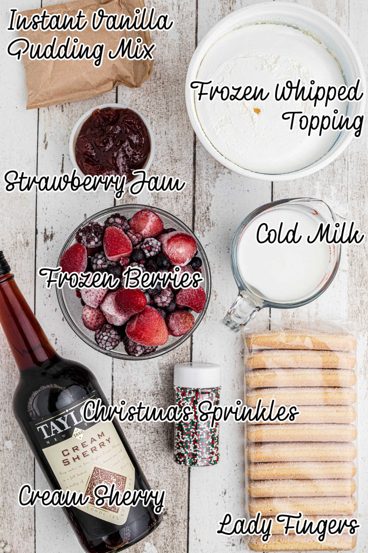 Ingredients needed to make a Boozy Christmas Trifle with text overlay.