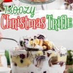 A long collage of two images showing a traditional English trifle with text overlay for pinterest.