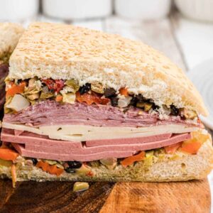 Cajun Muffuletta Sandwich close up, the image cropped square.