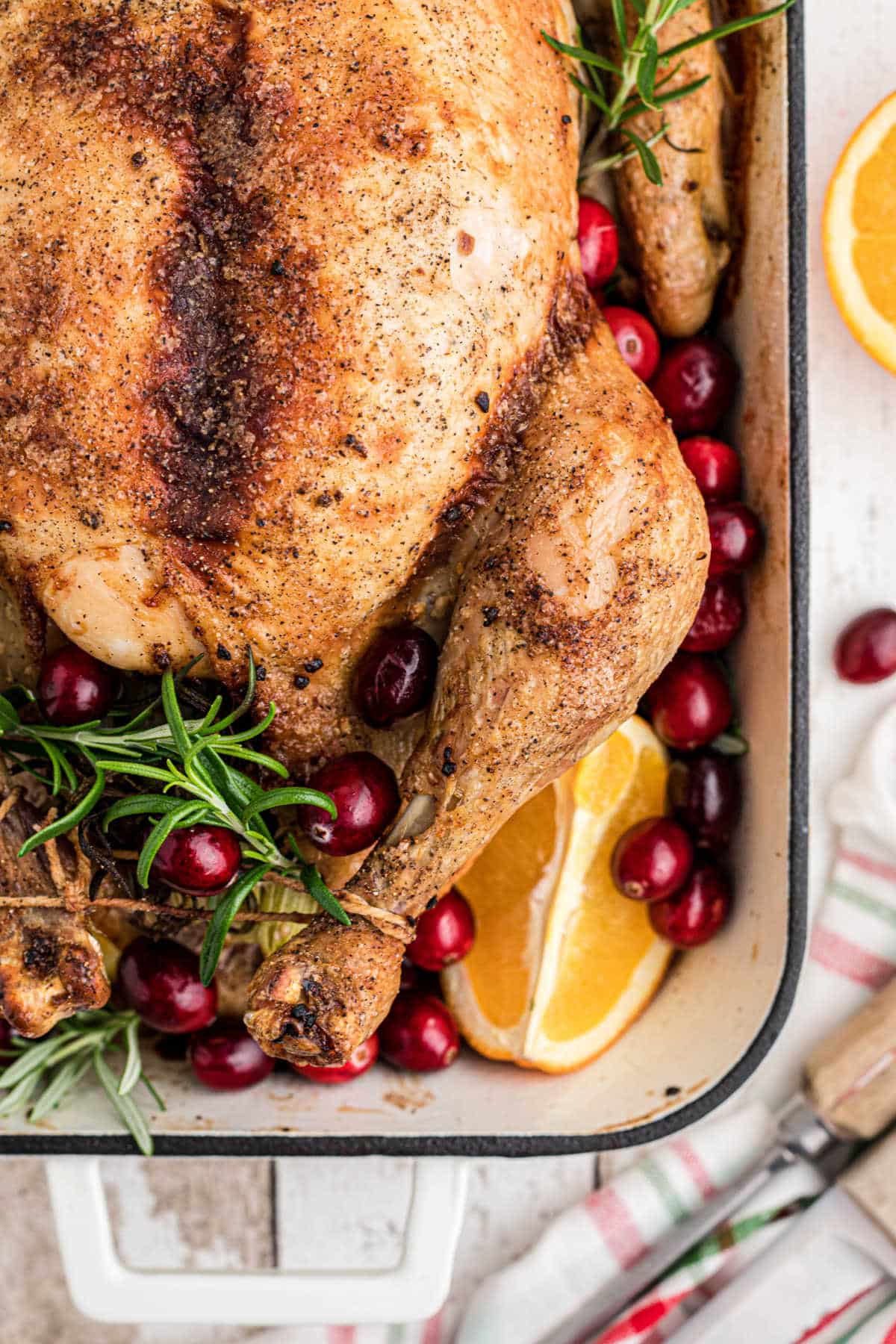 Overhead close up shot of the corner of a Christmas roast chicken, with cranberries and rosemary.