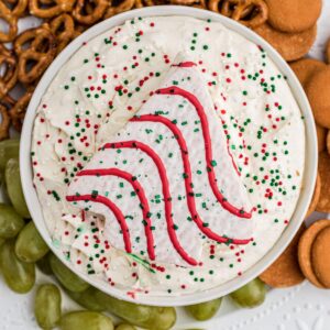 Overhead shot of Christmas Tree Dip with a Little Debbie Christmas Tree on top.