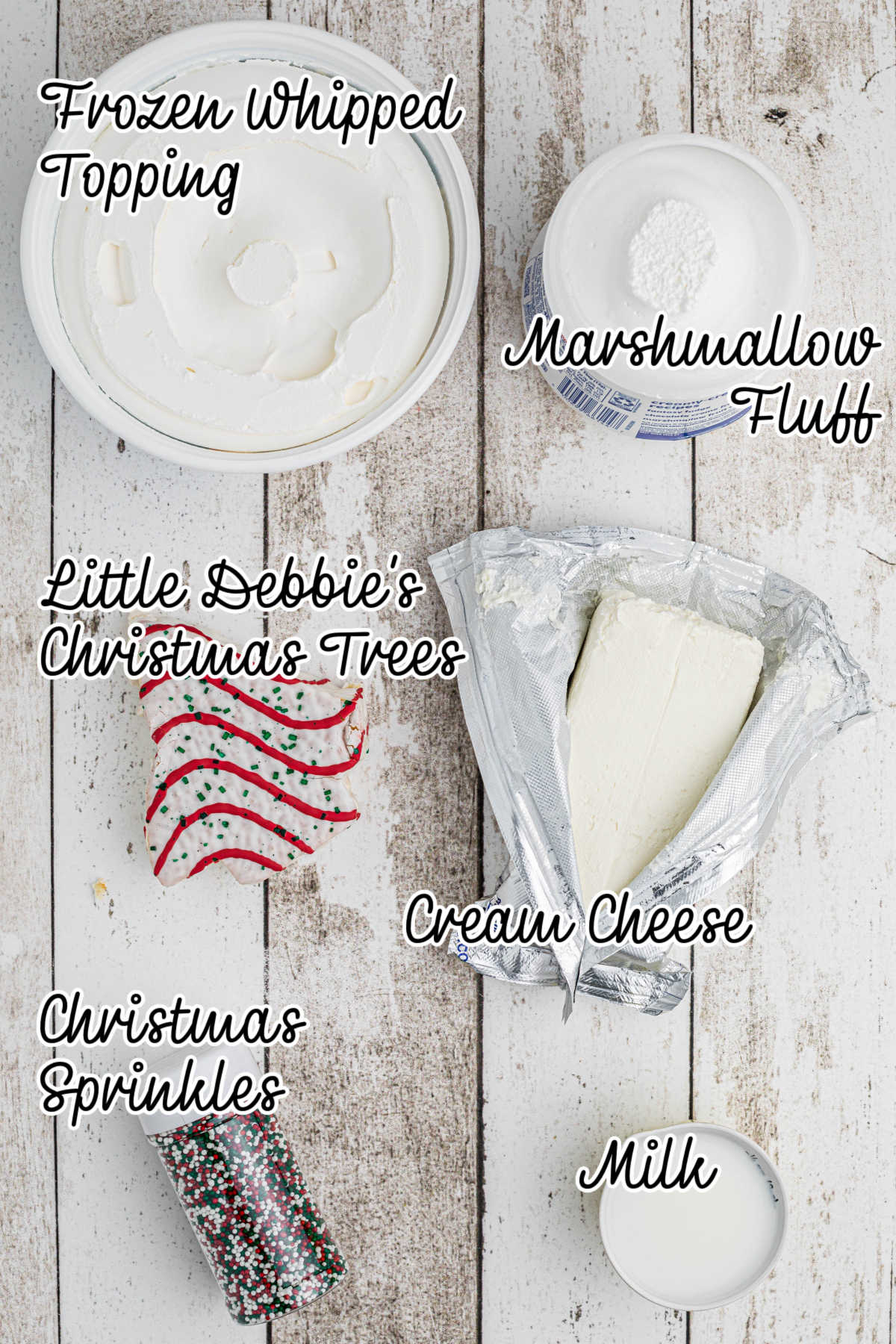Ingredients needed to make a Christmas Tree Dip with text overlay.
