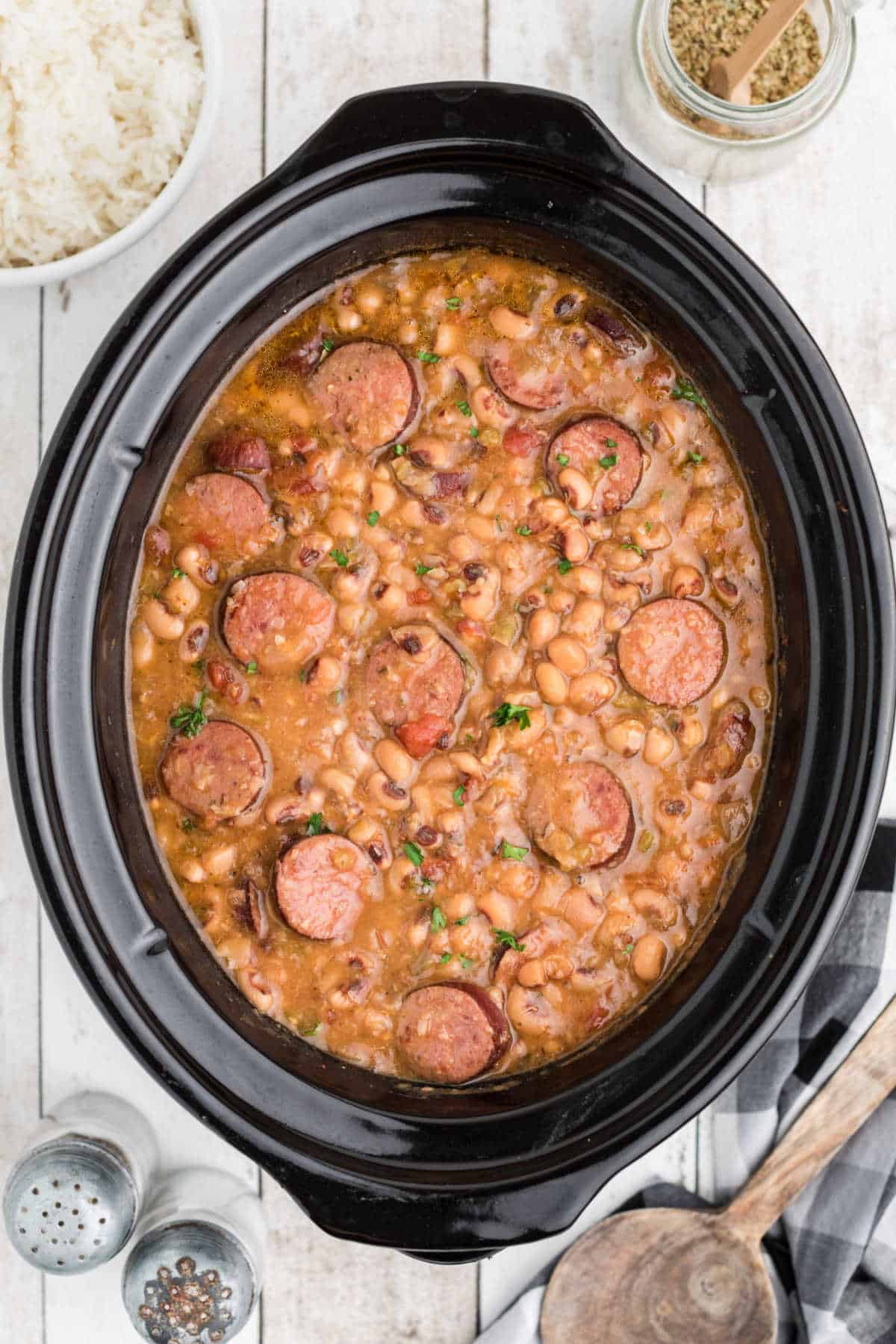 Close up shot cropped square, of a crock pot hoppin john.