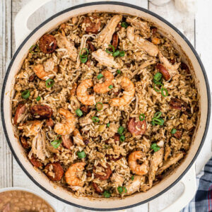 Overhead shot of a Dutch Oven Jambalaya cropped square.