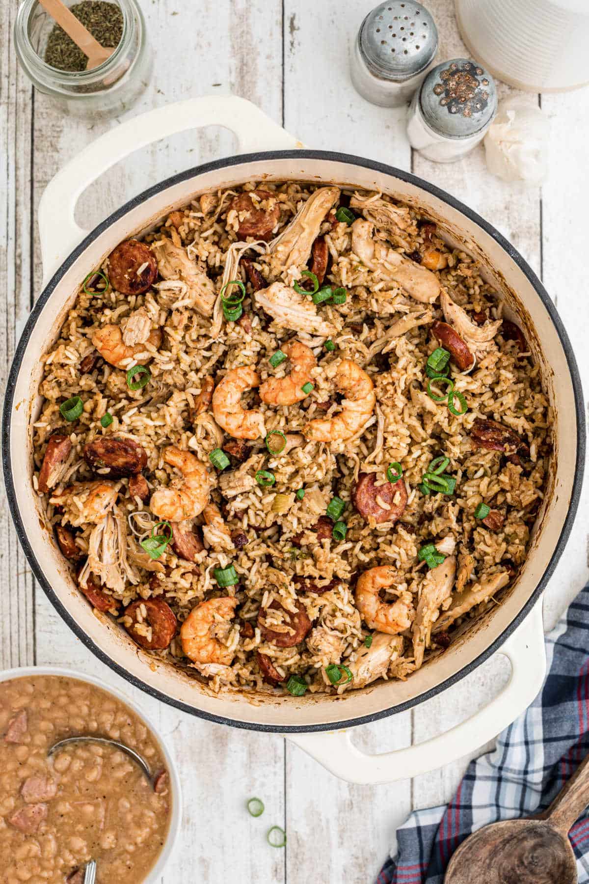 Overhead shot of a Dutch Oven Jambalaya.