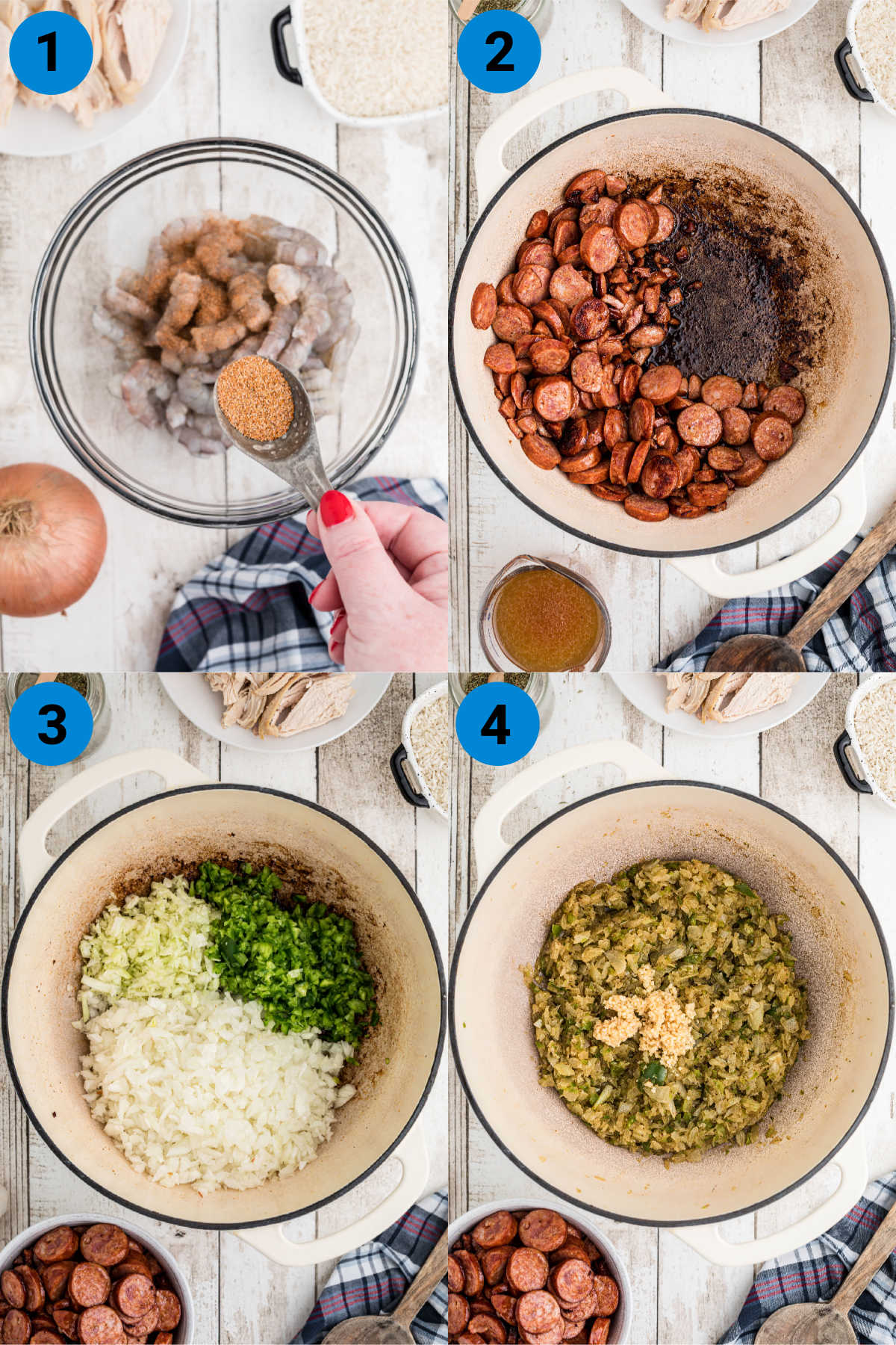 A collage of 4 images showing recipe steps how to make a Dutch Oven Jambalaya.
