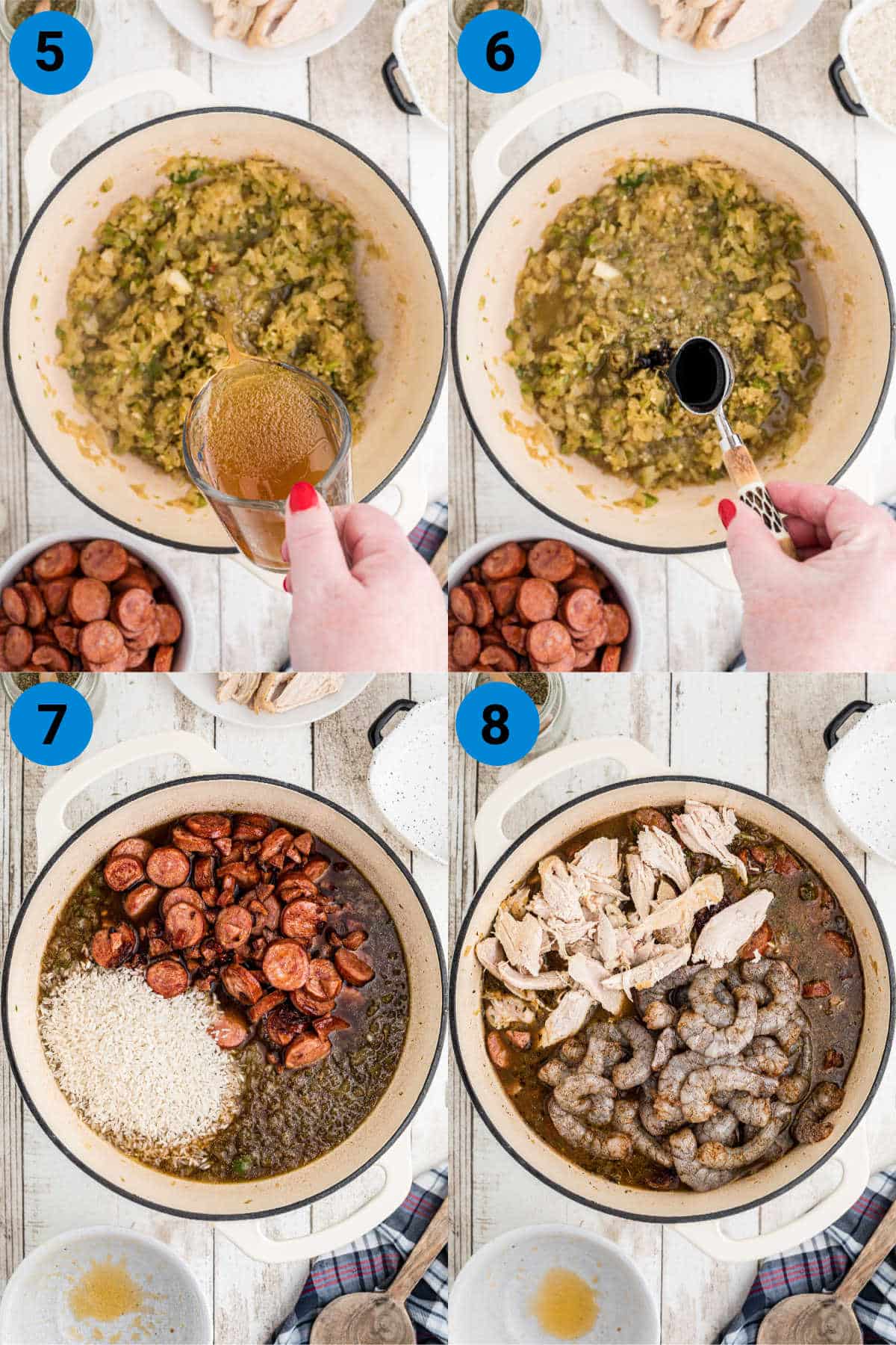 A collage of 4 images showing how to make a Jambalaya.