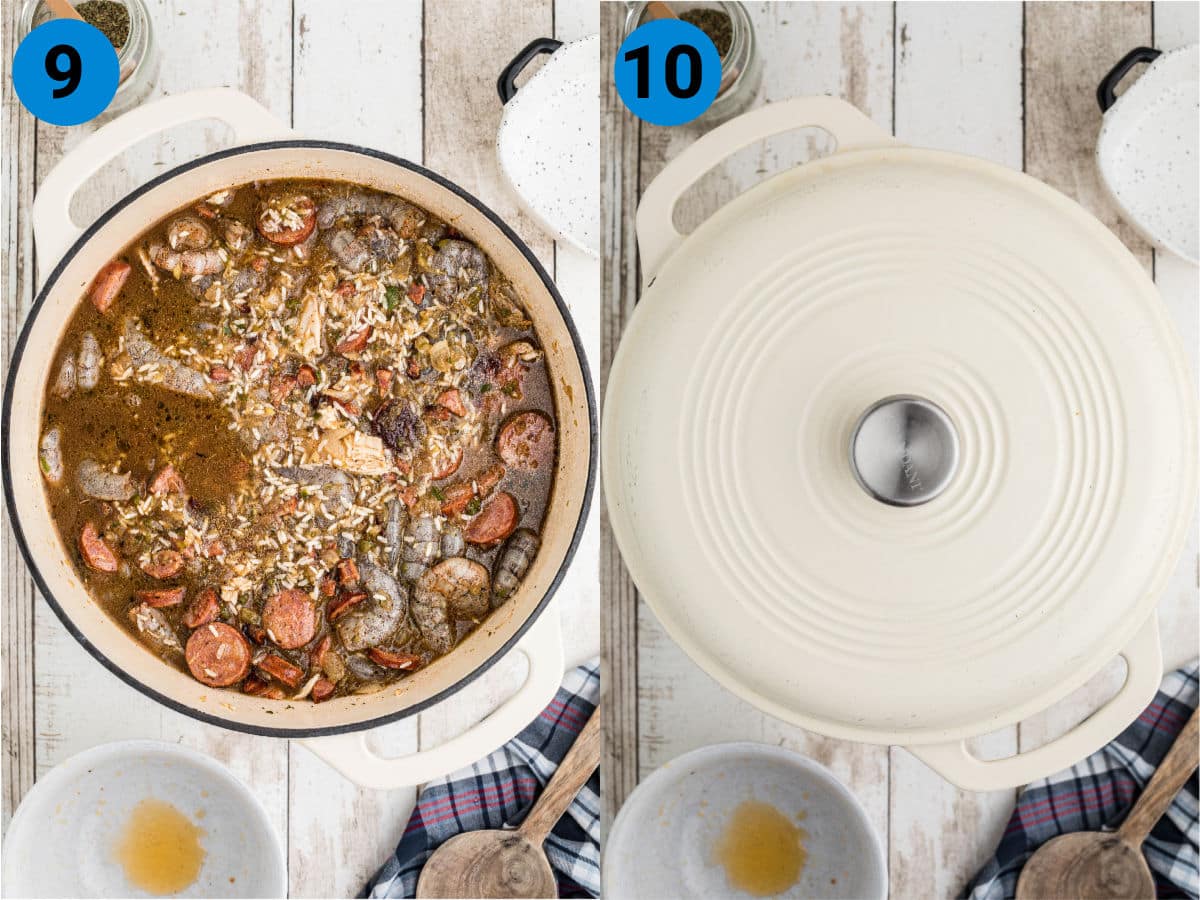 Side by side two images how to make a Jambalaya.