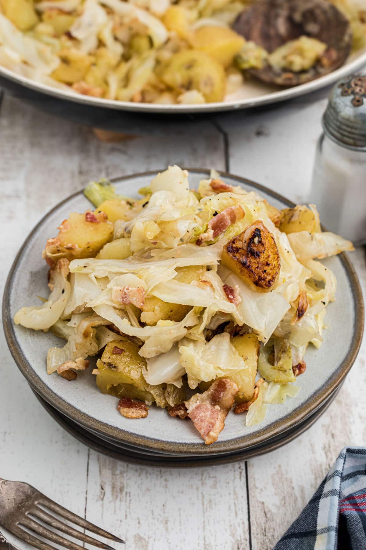 Fried cabbage and potatoes on a dished up plate.