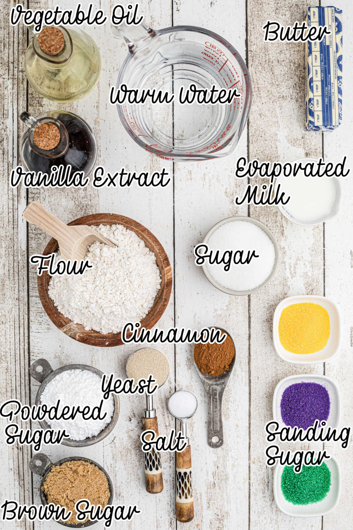 Overhead shot of ingredients needed to make king cake cinnamon rolls.