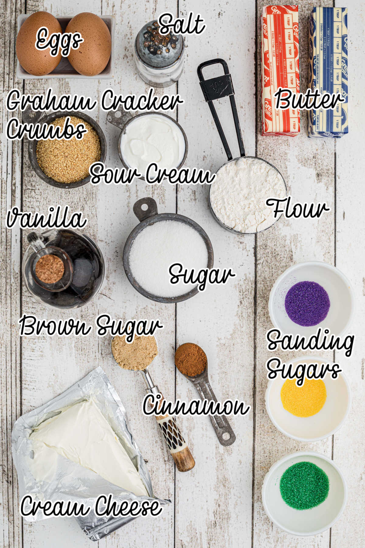 Overhead shot of ingredients needed to make a Mardi Gras Cheesecake.