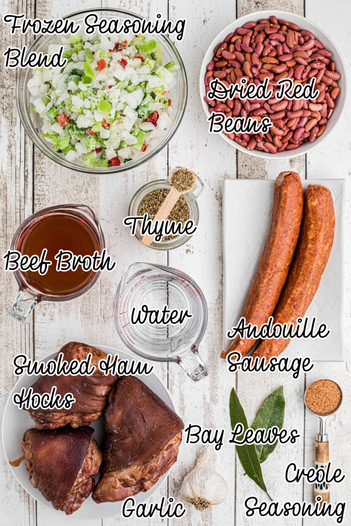 Ingredients laid out for what would be needed to make red beans and rice with ham hocks, with text overlay.