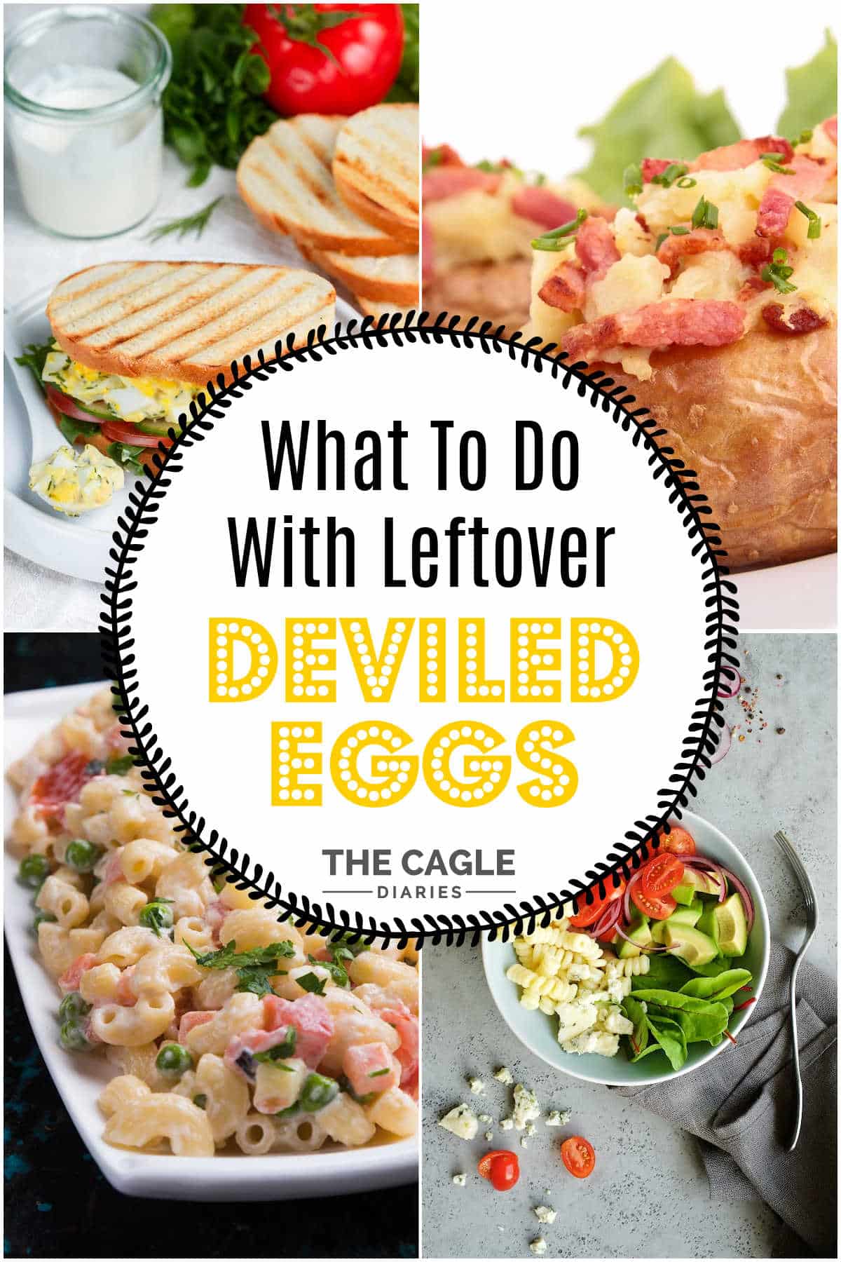 A collage of four images showing ideas on what to do with leftover deviled eggs.