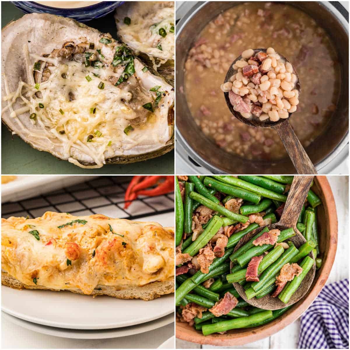 A collage of four images showing dishes that would be good to serve with Jambalaya.