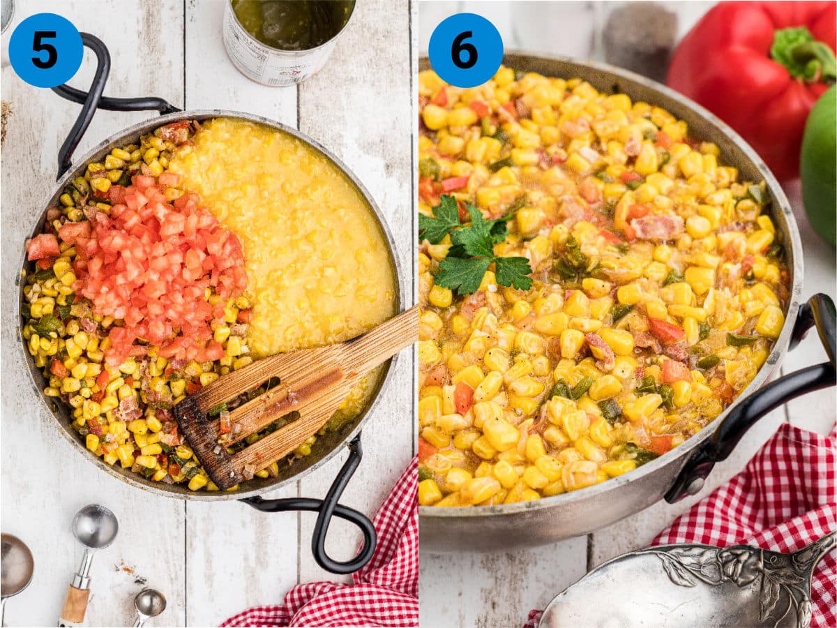 Collage of 2 images showing how to make Cajun Corn Maque Choux.