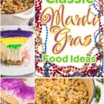 Collage of four images of classic mardi gras food ideas with text overlay for pinterest.