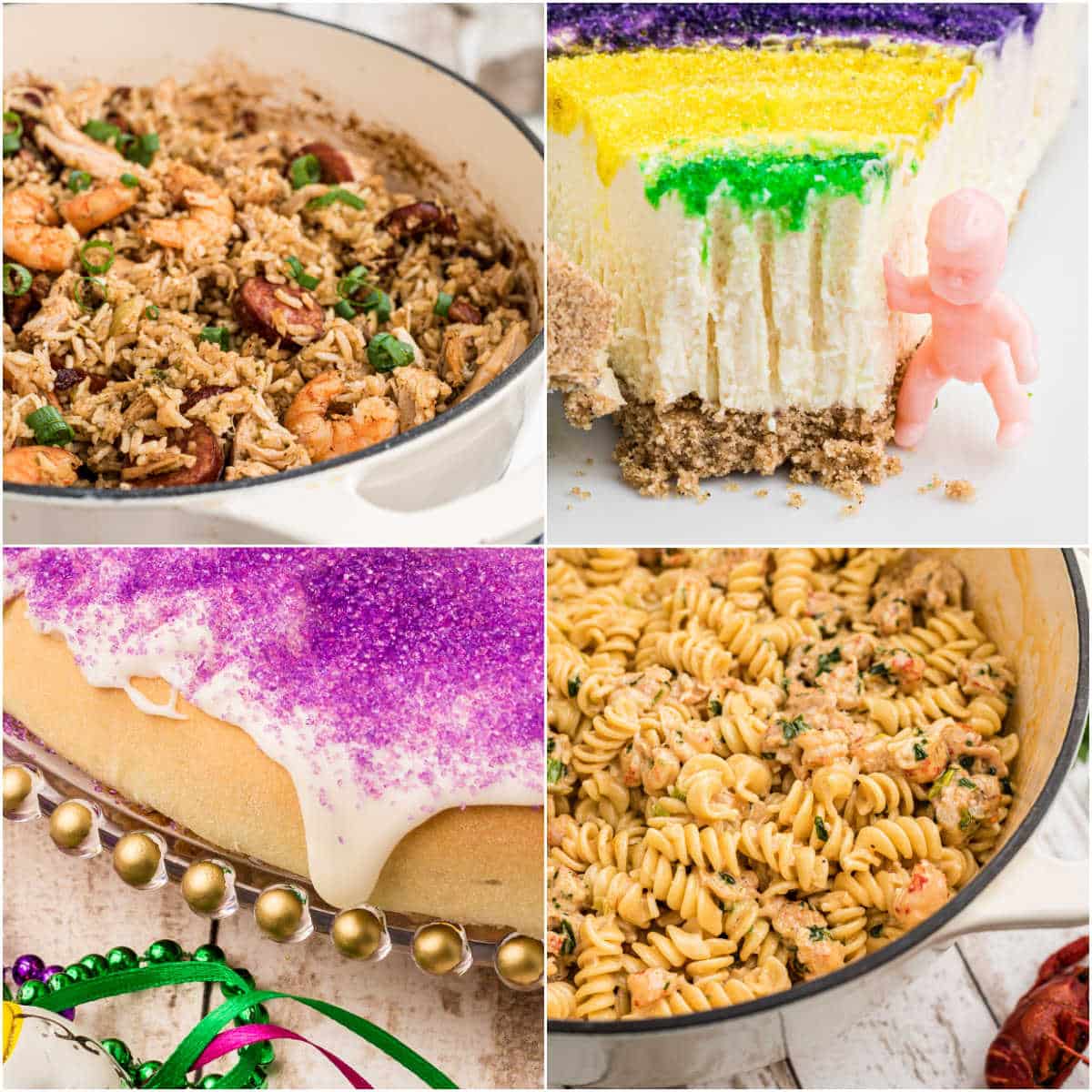 A collage of four images showing classic food ideas for mardi gras.