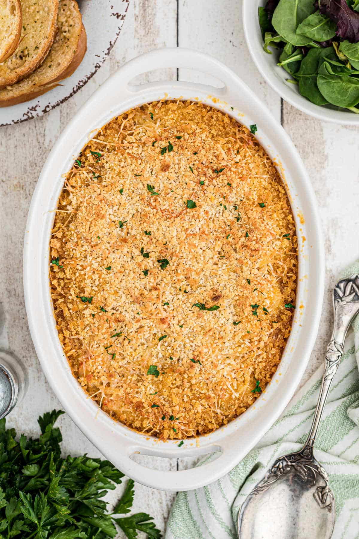 An undisturbed dish full of crawfish au gratin.