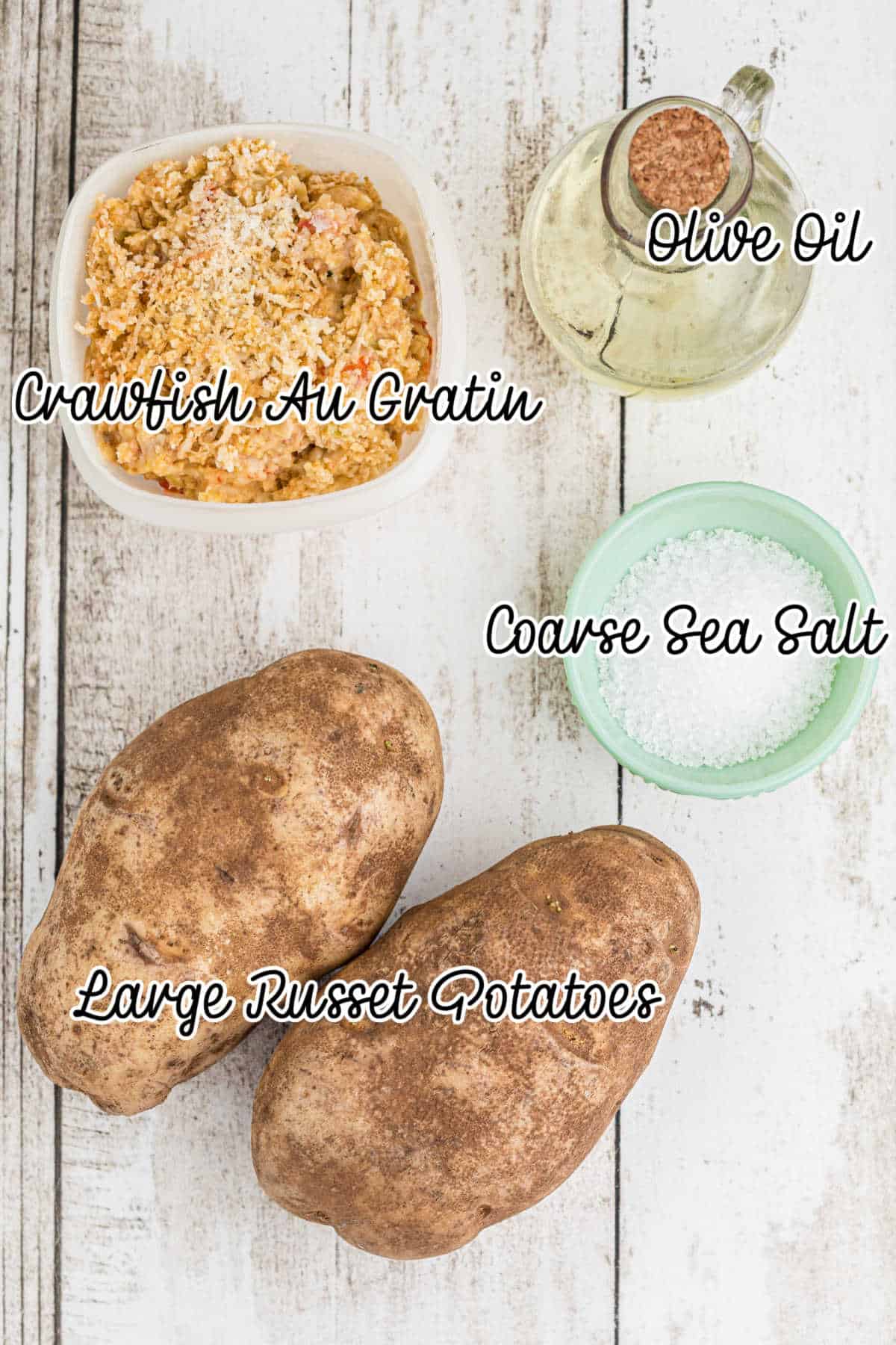 Ingredients laid out with text overlay showing what is needed for a crawfish baked potato.