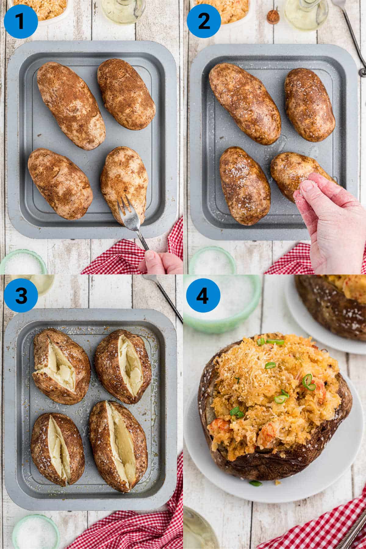 Collage of four images showing recipes steps for how to make a crawfish baked potato.