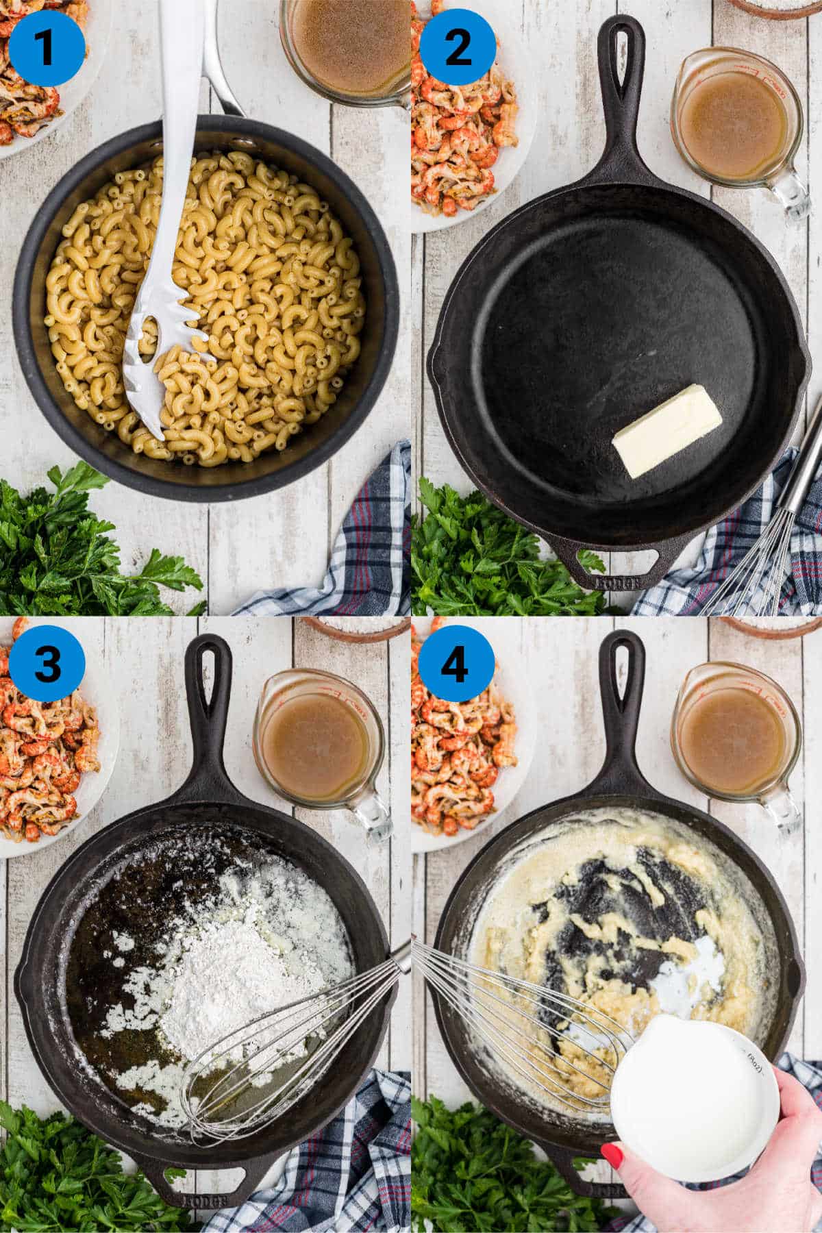 A collage of four images showing how to cook a crawfish mac and cheese.