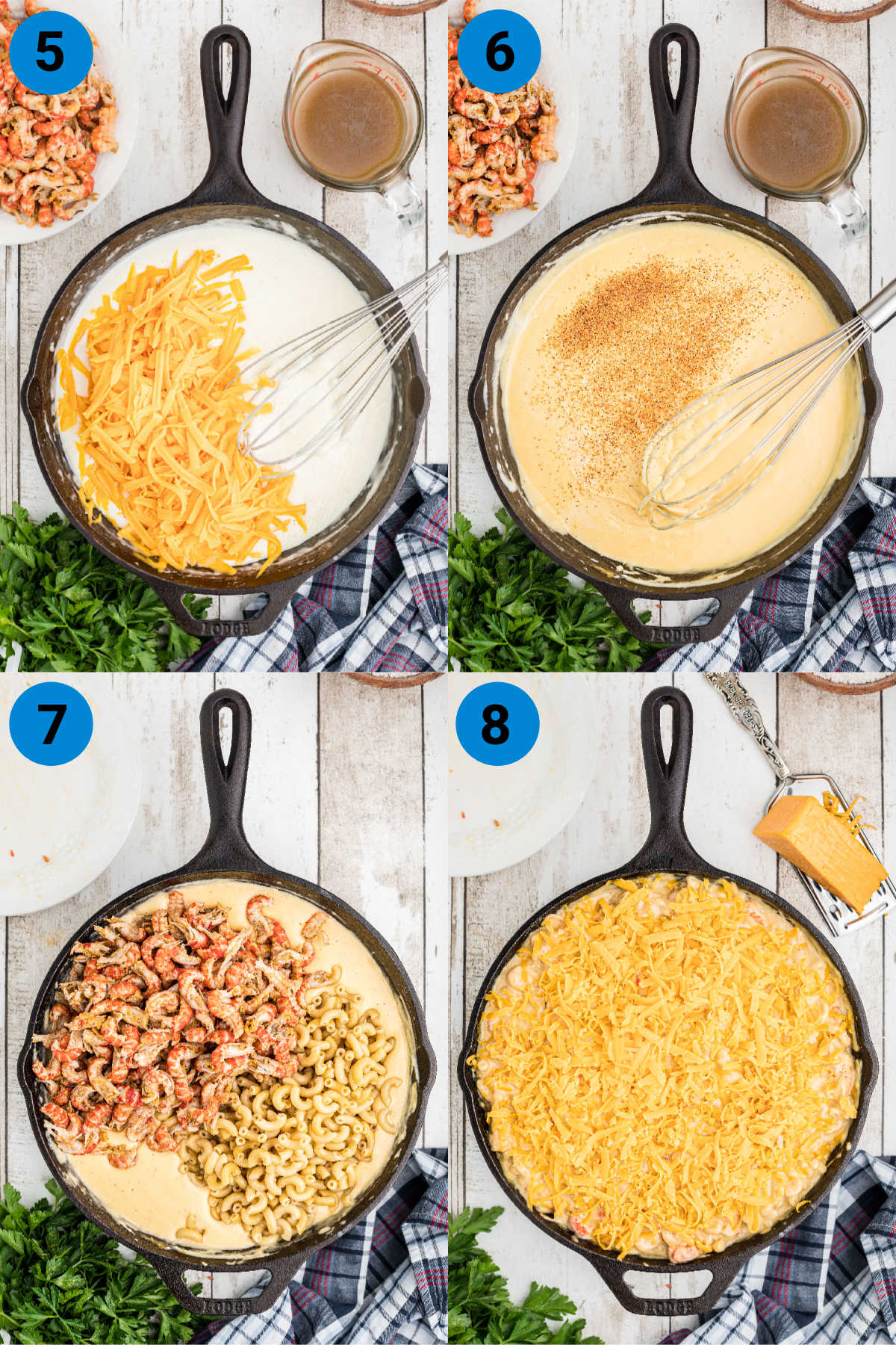 Collage of four images showing recipe steps on how to cook a crawfish mac and cheese recipe.
