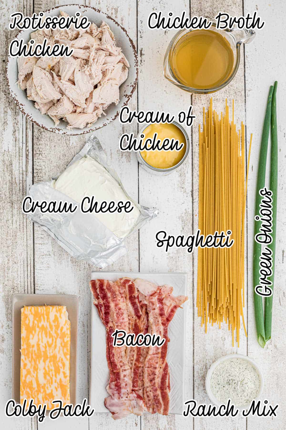 Ingredients needed to make a crock pot ranch chicken spaghetti recipe.