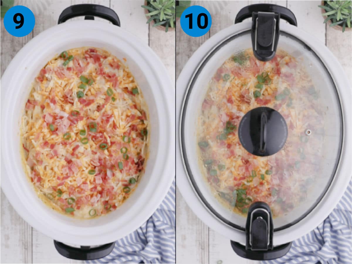 Collage of two images showing how to make a crock pot ranch chicken recipe.