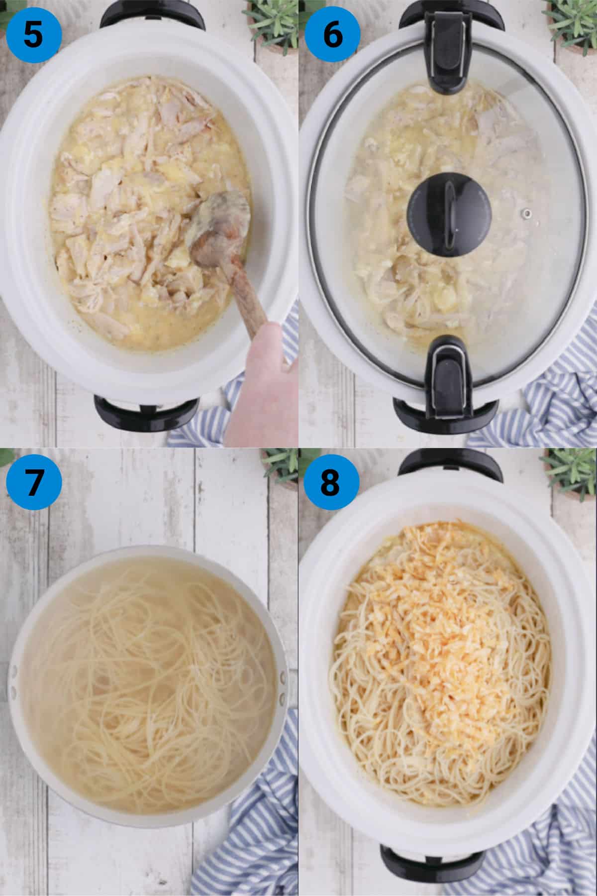 A collage of four images showing how to make a crock pot ranch chicken spaghetti recipe.
