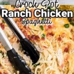 A long image of close up crock pot ranch chicken with tongs digging in. Text overlay for pinterest.