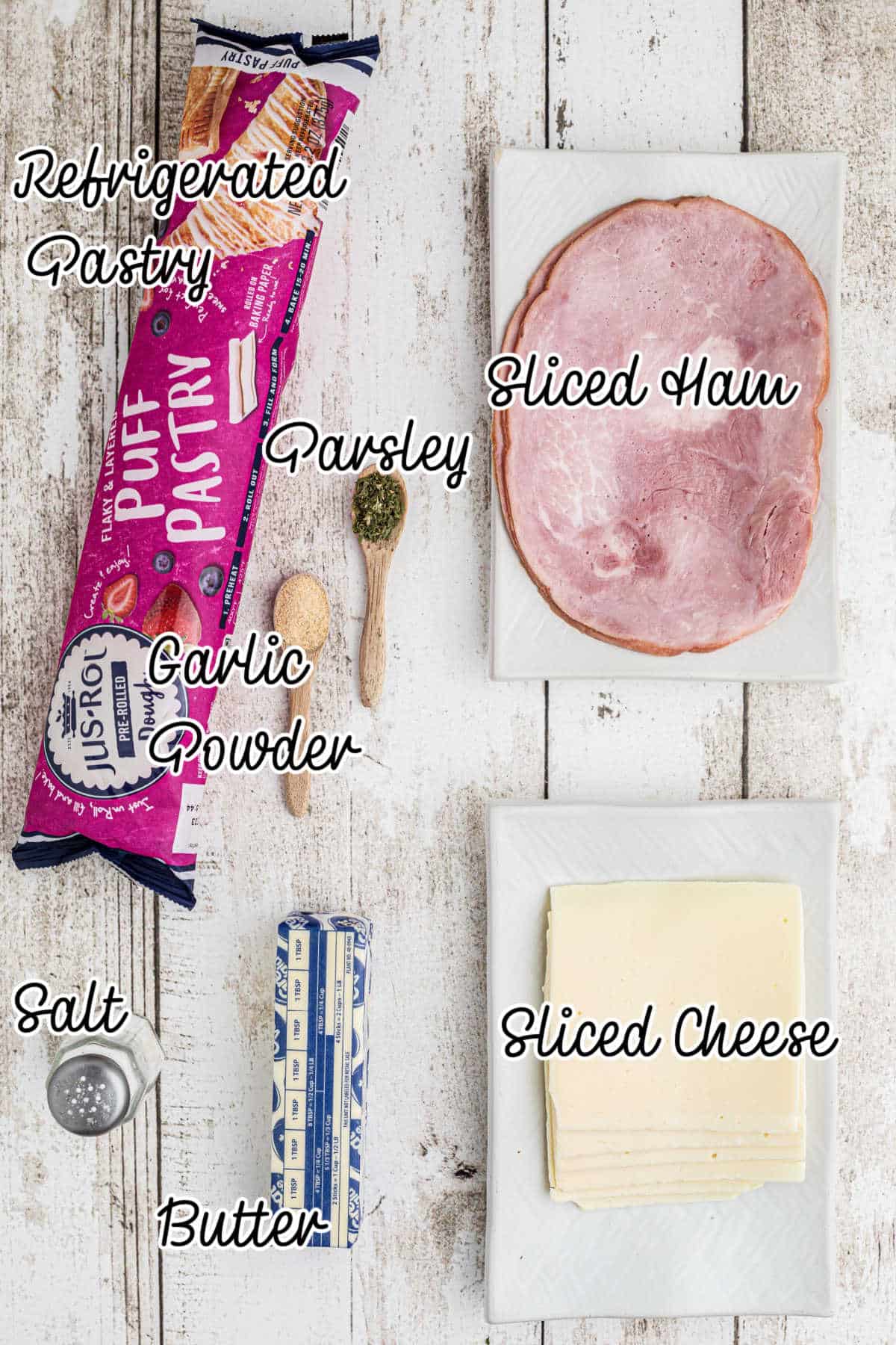 Overhead shot of some ingredients needed to make ham and cheese bites.