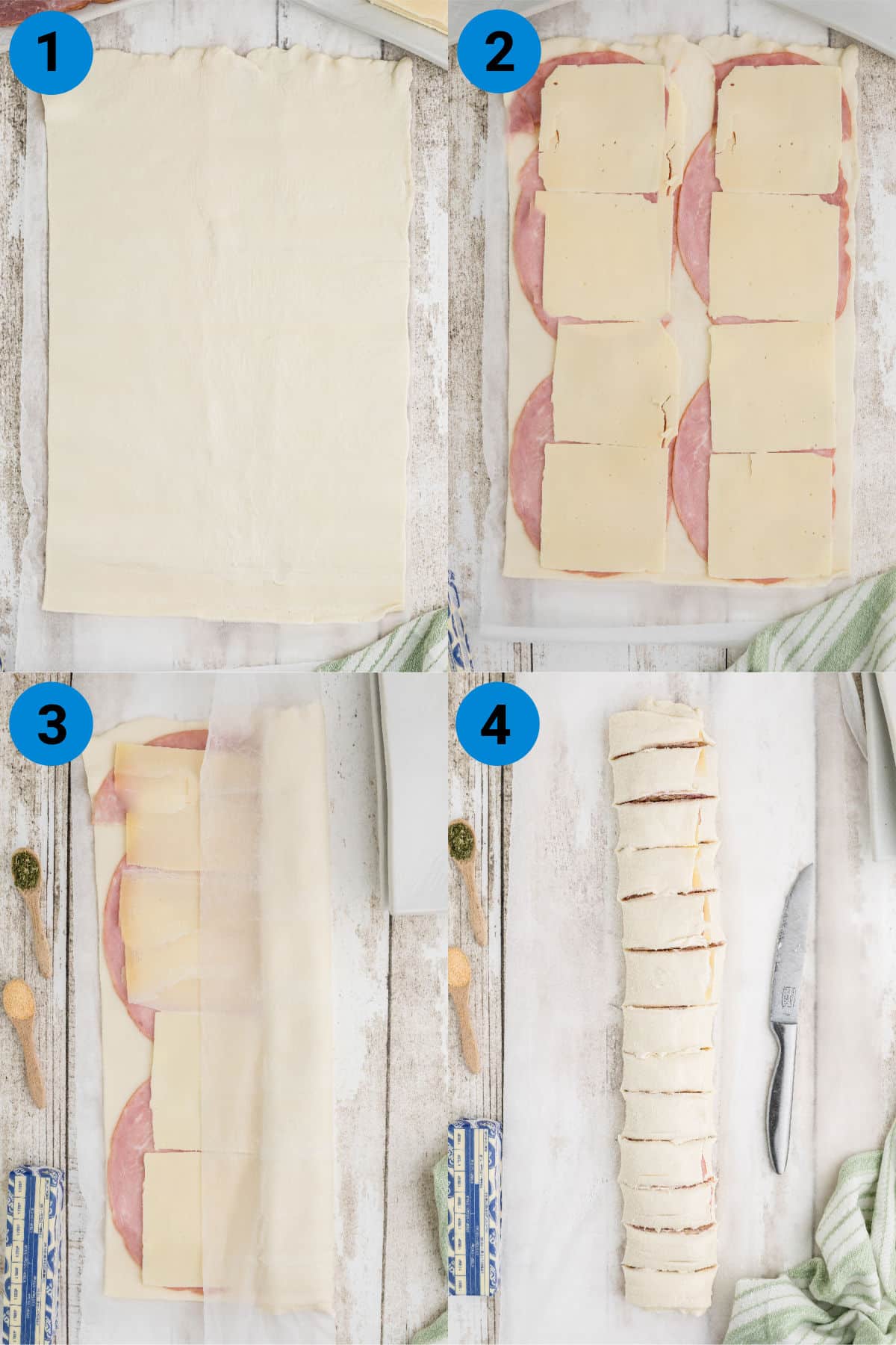 A collage of four images showing how to make ham and cheese bites.