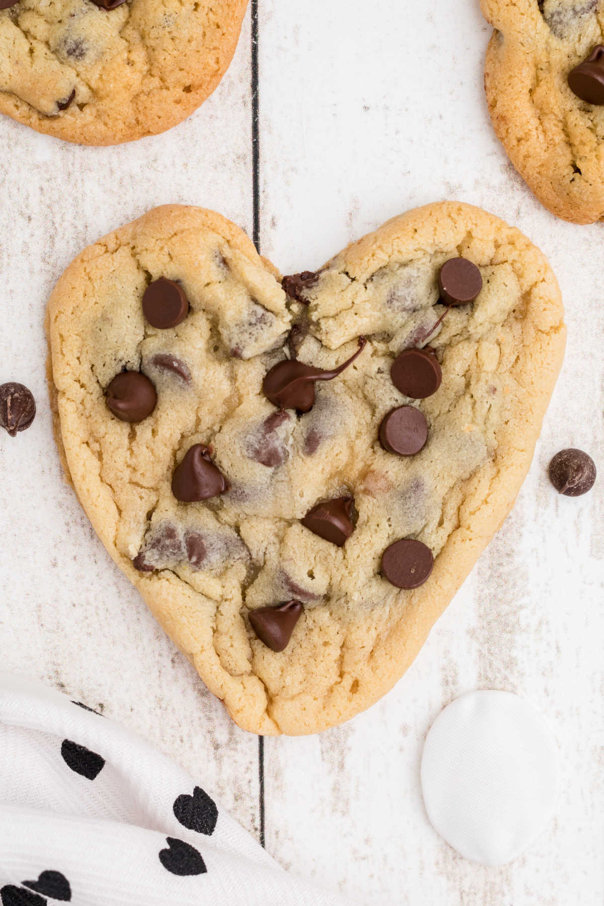 Overhead long shot of Heart Shaped Chocolate chip cookies.