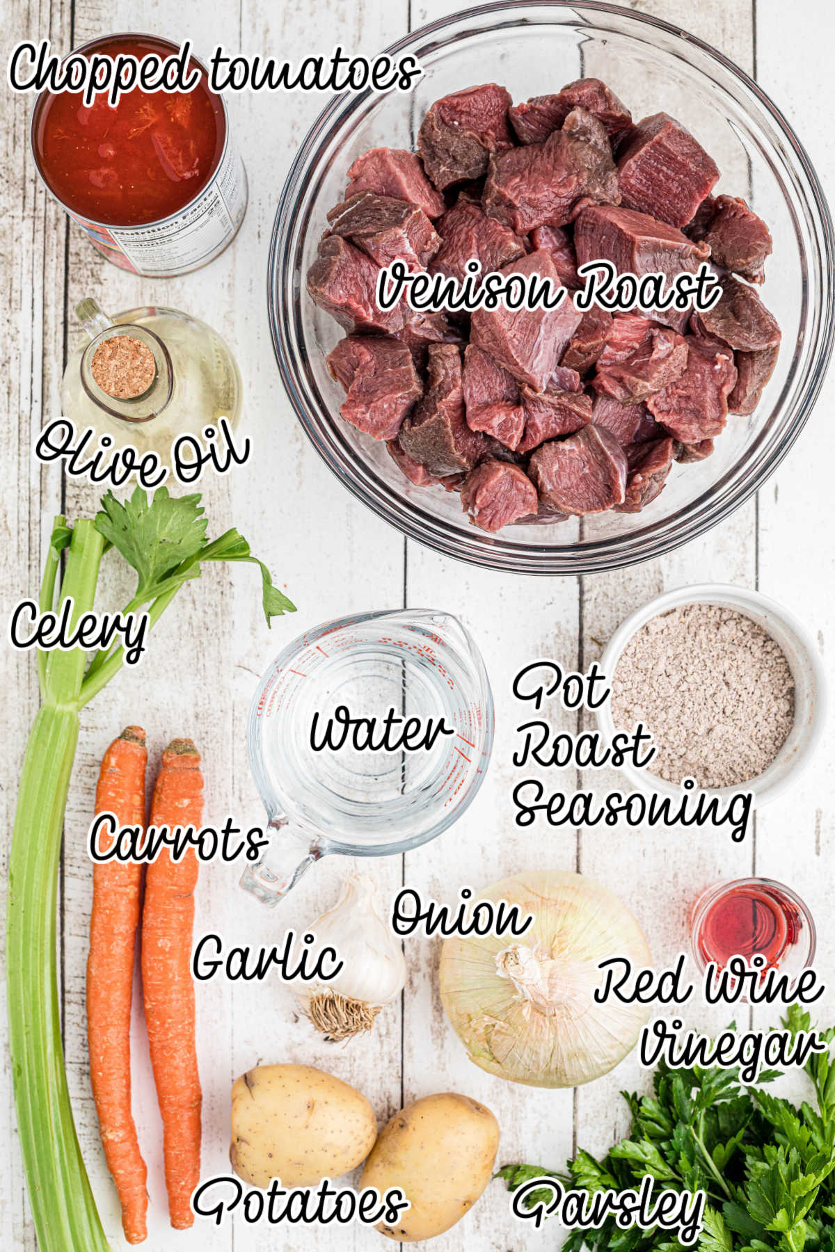Ingredients all laid out for what is needed to make an Instant Pot Venison Stew.