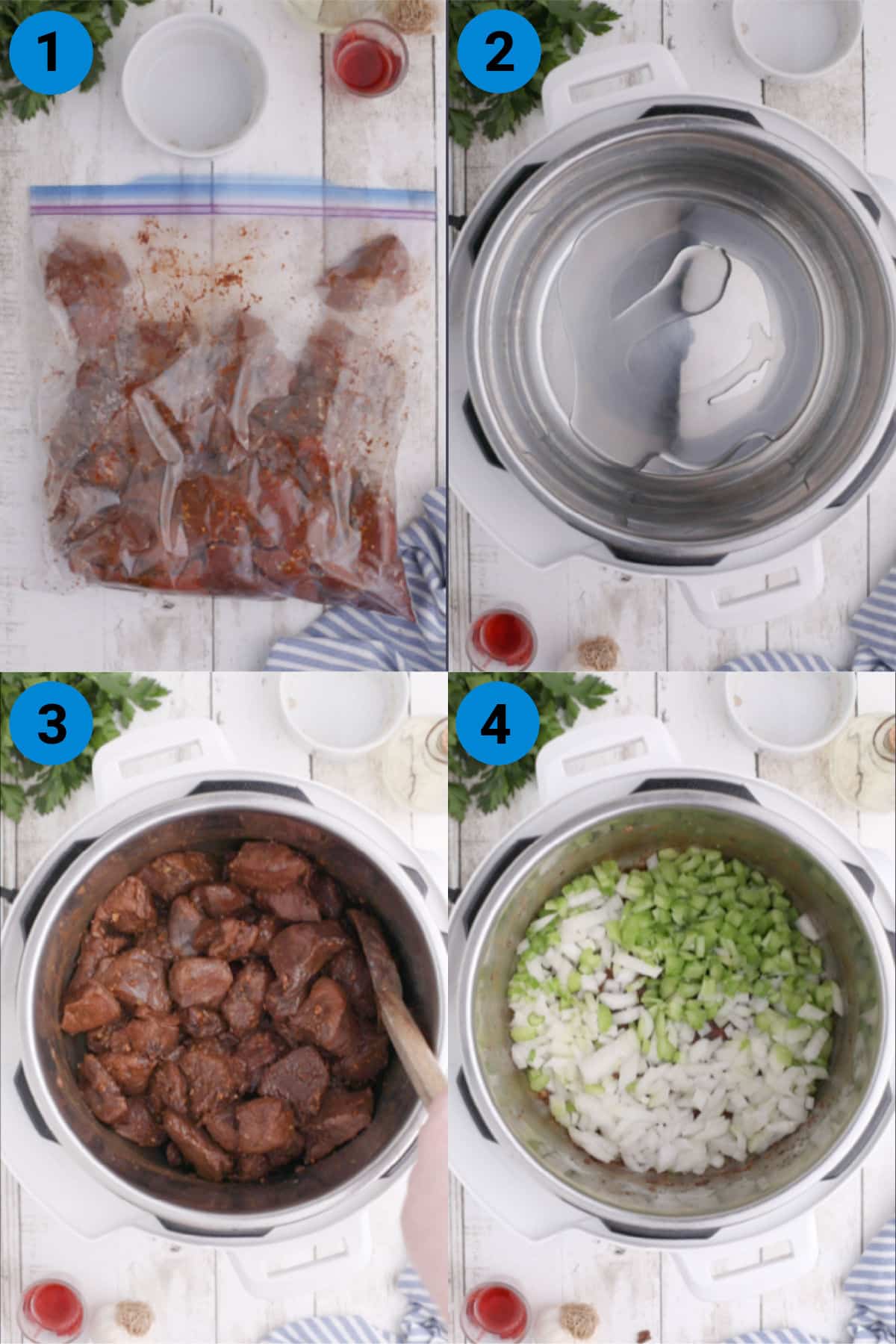 A collage of four images showing how to make Instant pot venison Stew.
