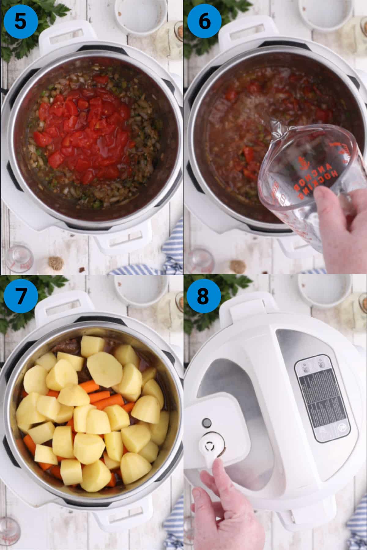 A collage of four images showing how to make venison stew in the instant pot.