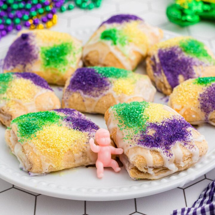 Little squares of king cake bites, an image cropped square.