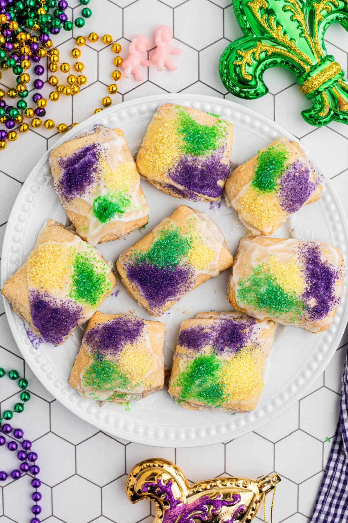 Overhead shot of a plate of king cake bites.