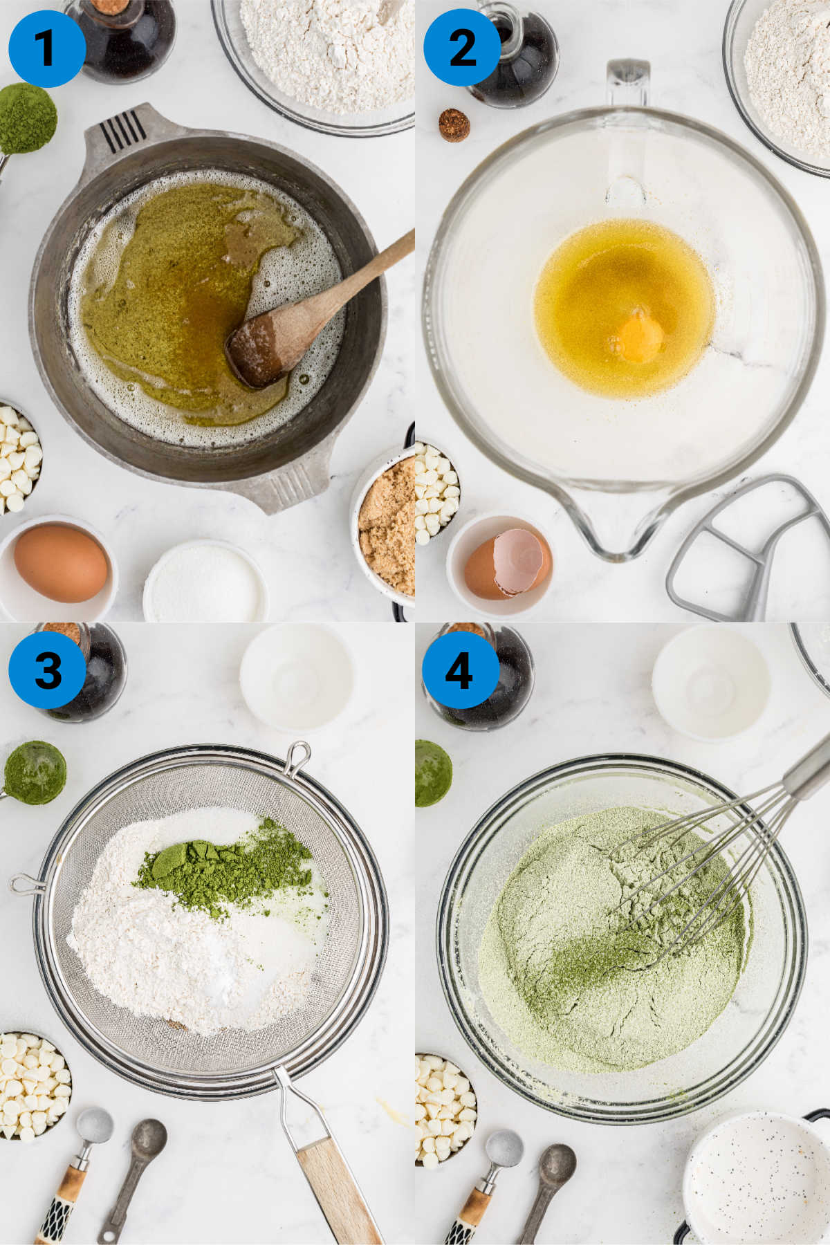 A collage of four images showing how to make matcha cookies.