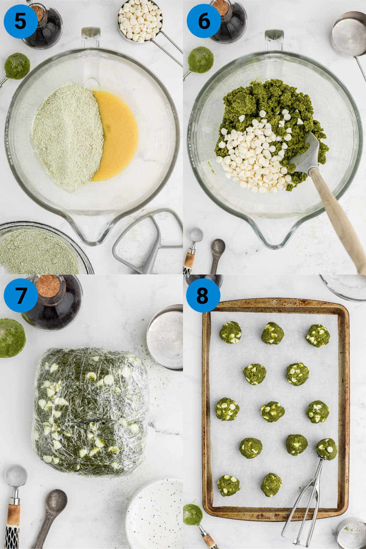 A collage of four images showing how to make matcha cookies.