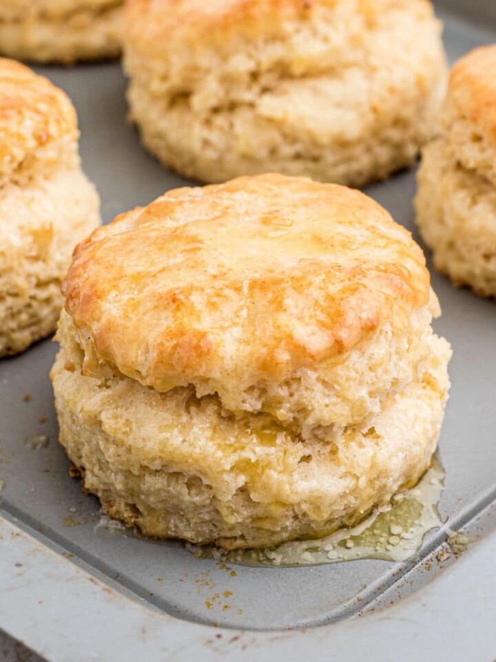 Close up shot of an old fashioned southern biscuits recipe with butter brushed.