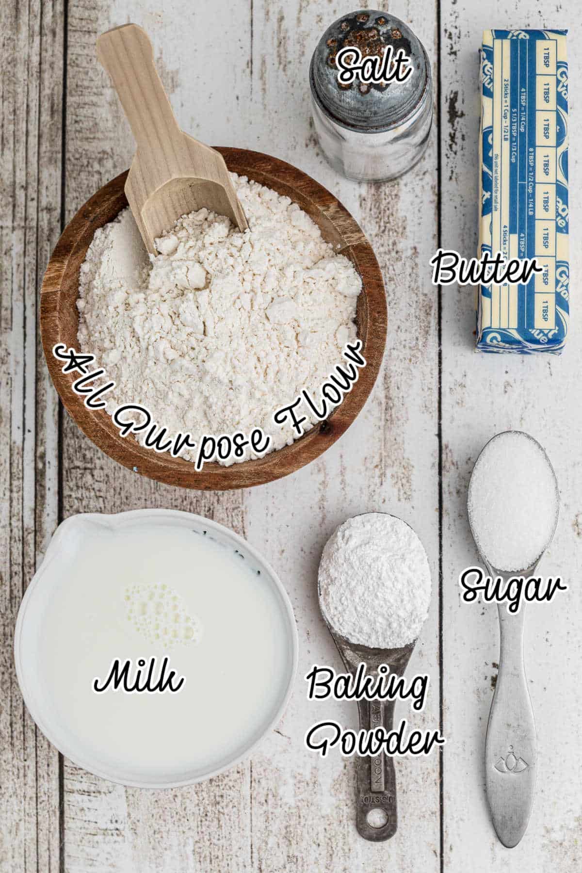 Ingredients needed to make old fashioned southern biscuits with text overlay.