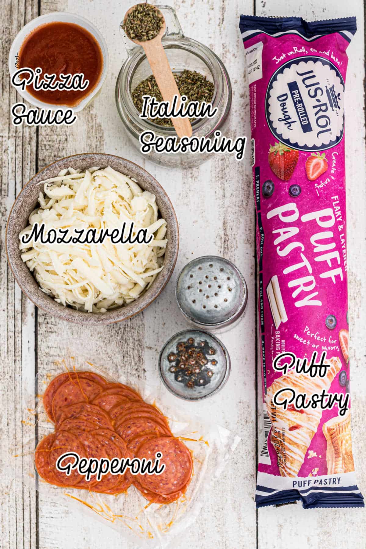 Ingredients needed to make Puff Pastry Pizza Pinwheels, with text overlay.