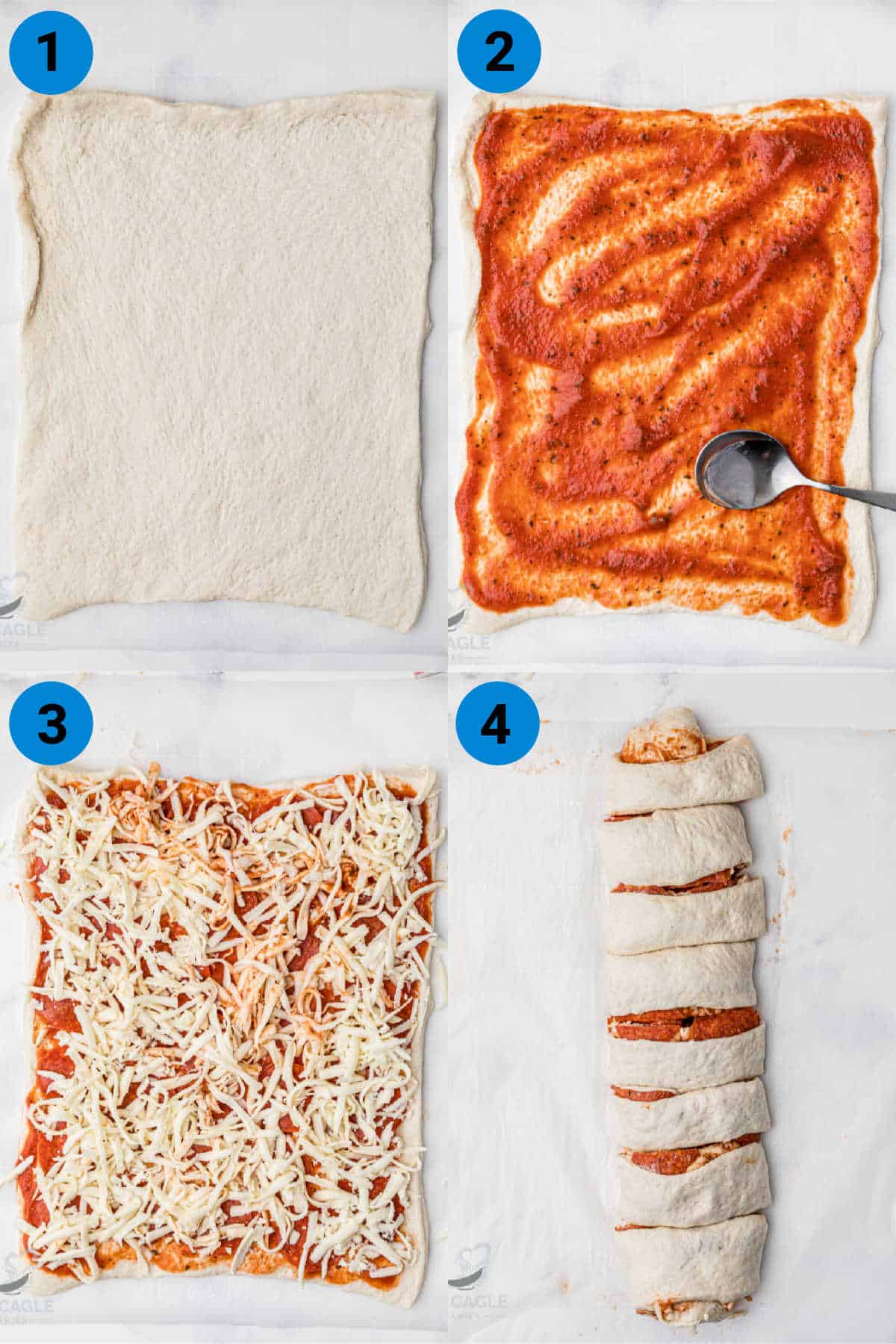 Collage of four images showing how to make puff pastry pizza pinwheels.