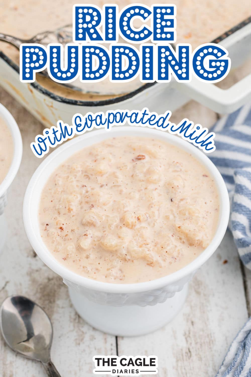 A large image of a bowl of rice pudding with evaporated milk with text overlay for pinterest.