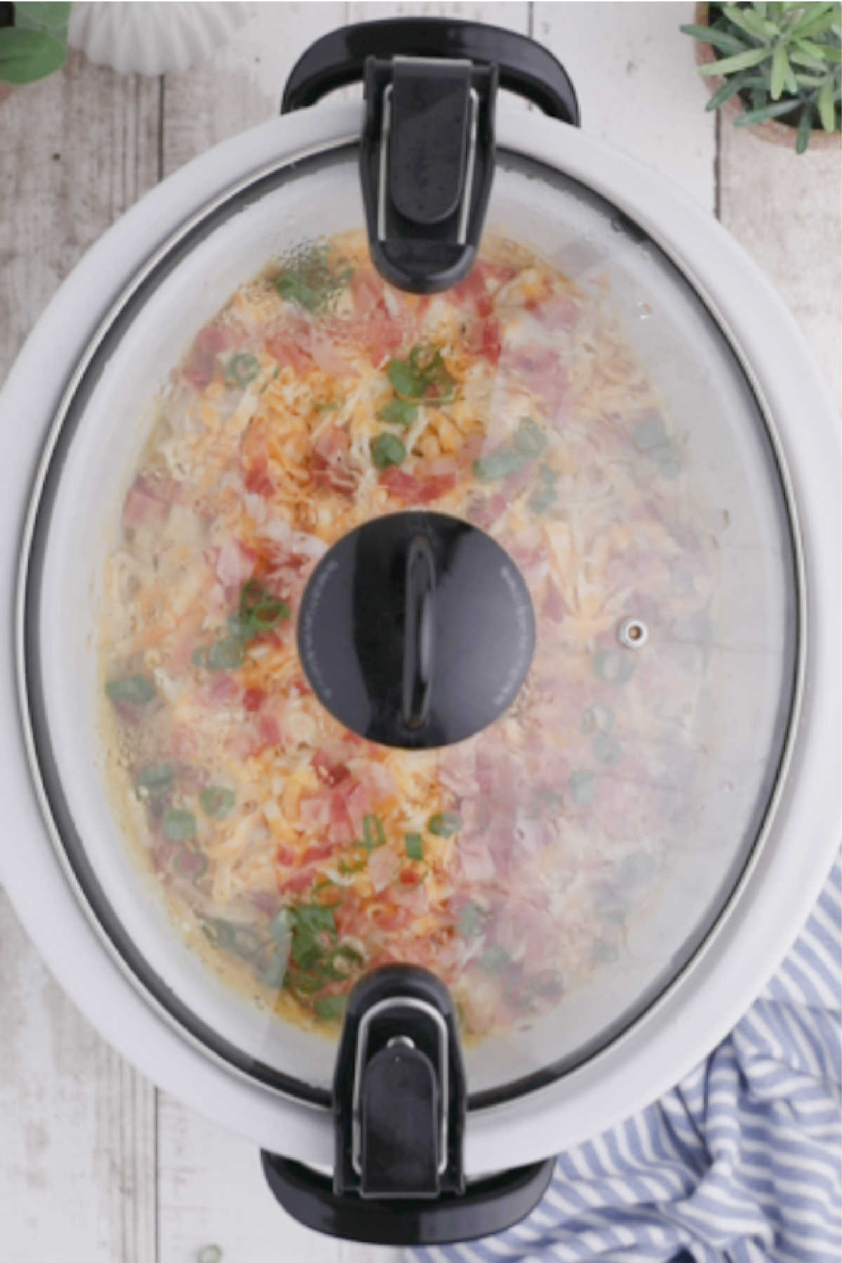 A closed crock pot with cooked ingredients inside.