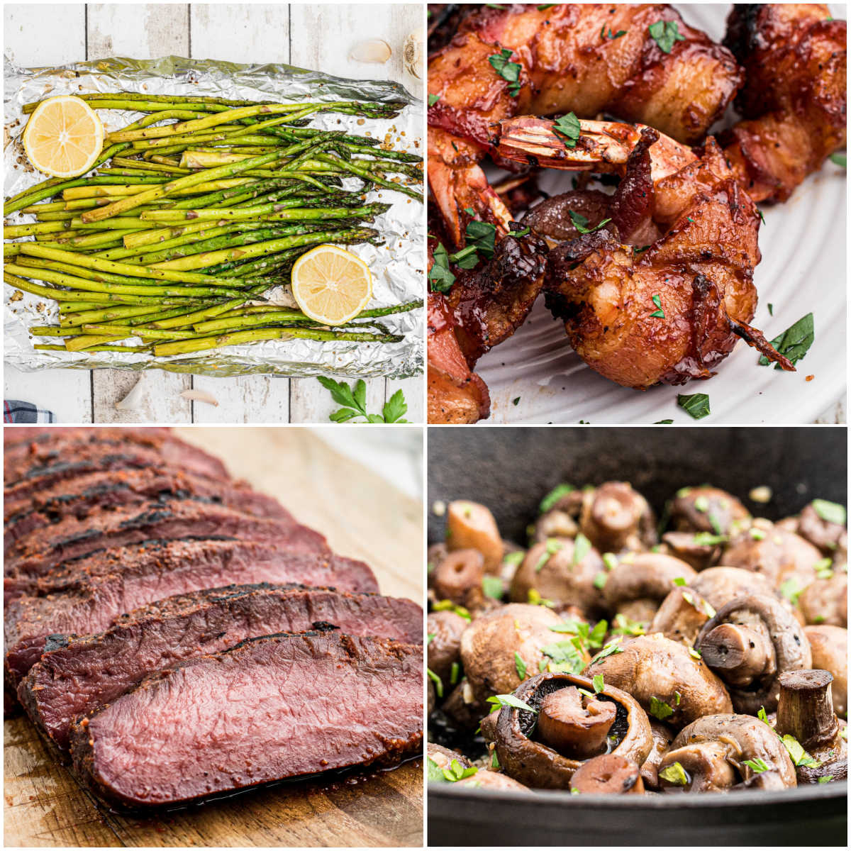 Collage of four images showing possible ideas for super bowl smoker recipes.