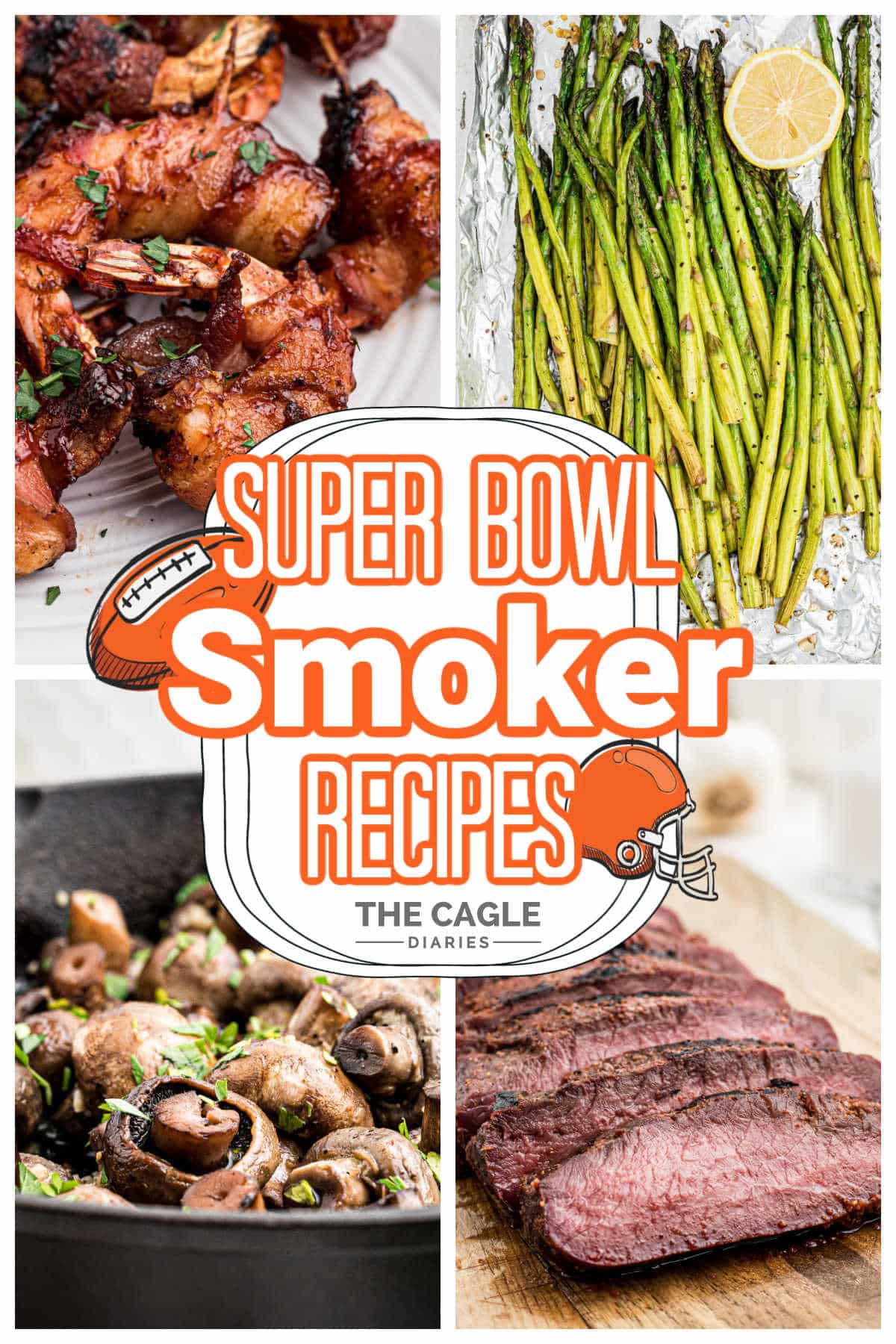 A collage of four images showing ideas for super bowl smoker recipes with text overlay for pinterest.