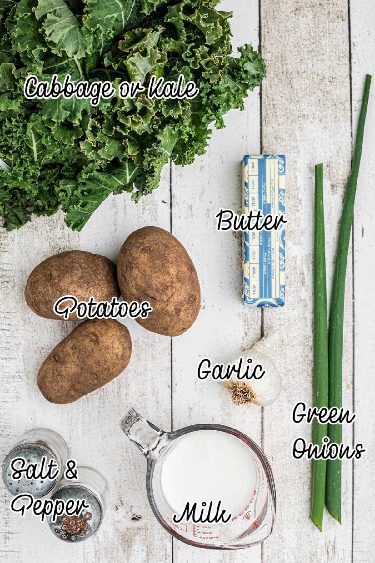 Ingredients needed to make traditional colcannon, with text overlay.