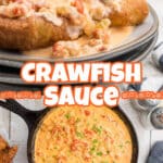 A collage of two images showing crawfish sauce, with text overlay for pinterest.